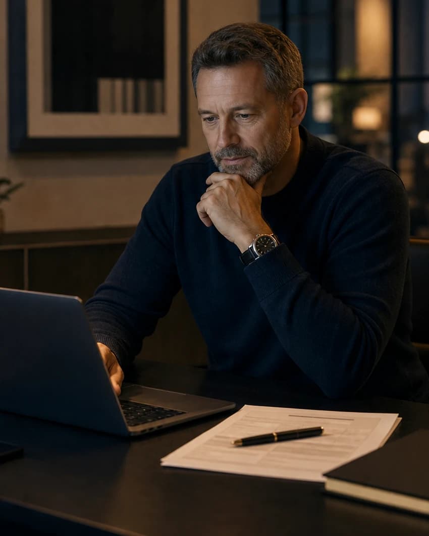 Business owner reviewing an AI consulting intro call from a laptop