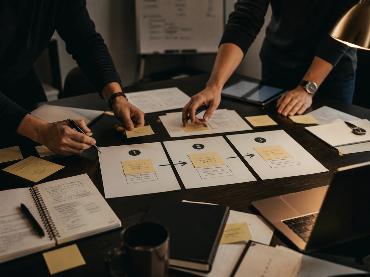 Hands organizing business notes into a simple workflow
