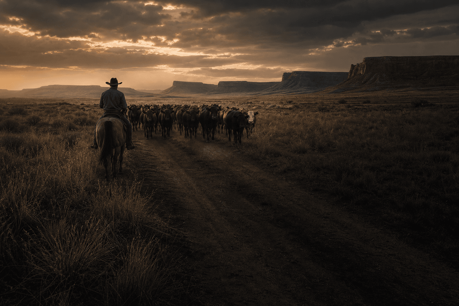 A rancher on horseback guiding cattle through western rangeland at dusk.